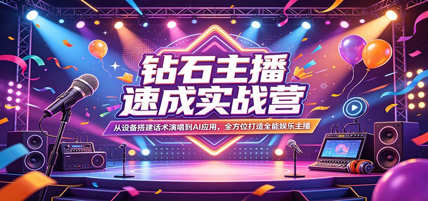 钻石主播速成实战营：从设备搭建话术演唱到AI应用，全方位打造全能娱乐主播-成真网创